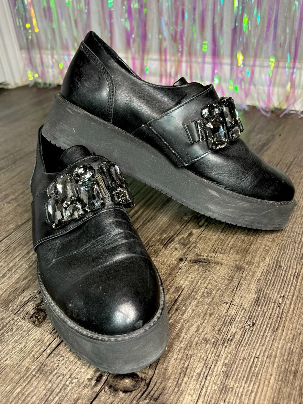 Bronx Black Platform Loafers with Jeweled Strap School Edgy Dark Goth